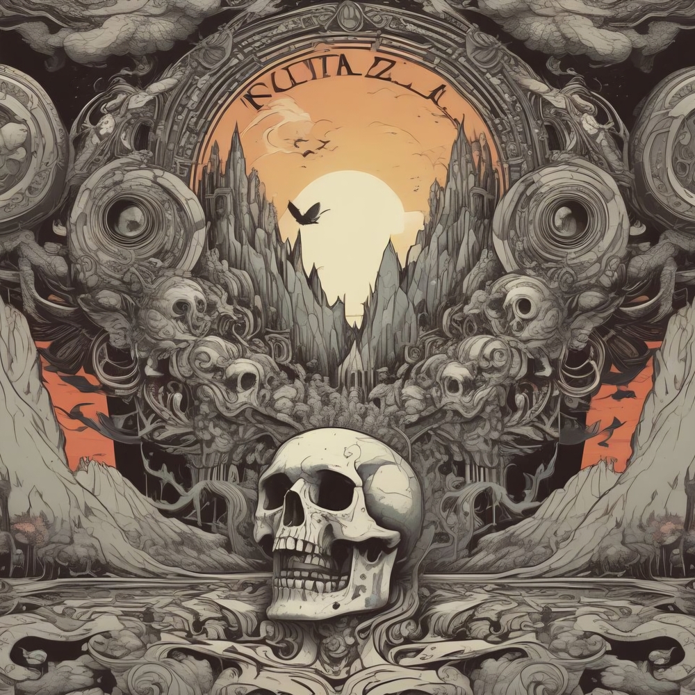 Mystical Skull and Mountain Art Print - Black, Gray, Orange
